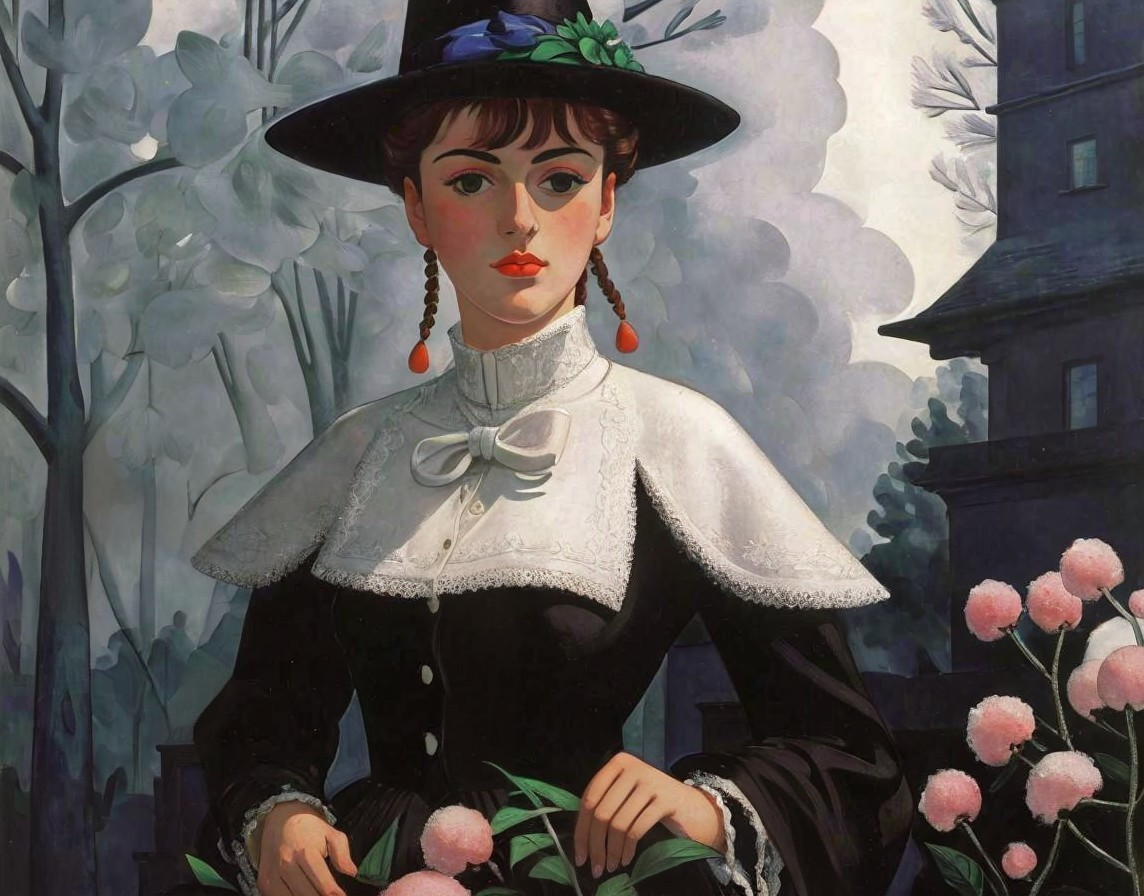 Elegant Woman in Black Dress in Lush Garden Setting