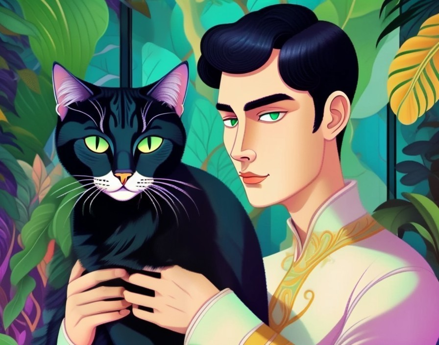 Young man with green eyes and black cat in tropical setting