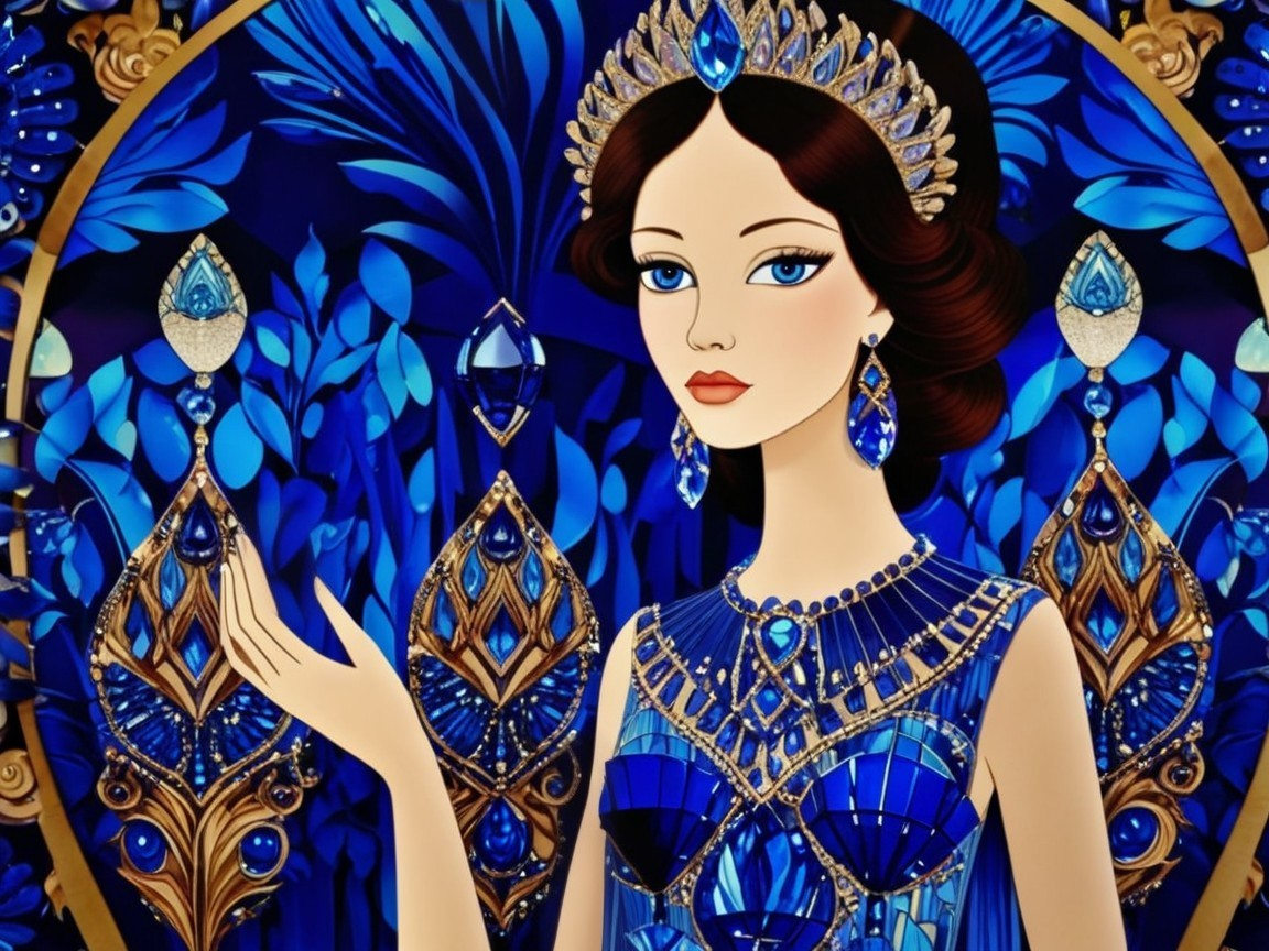 Stylized Woman in Shimmering Blue Gown and Background