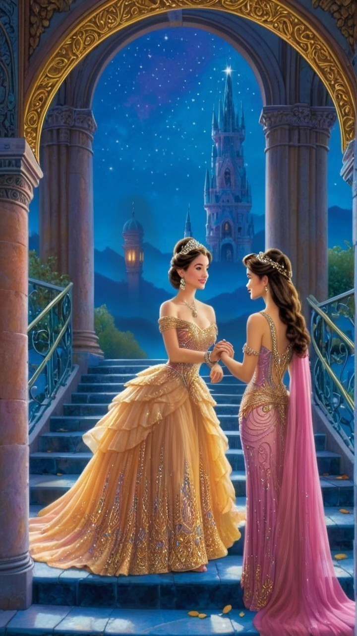 Princesses in Elegant Gowns Conversing in Enchanted Castle