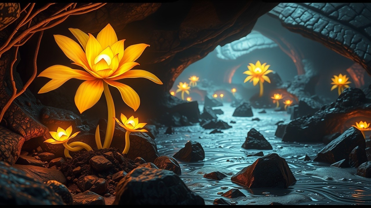 Glowing Yellow Flowers in a Mystical Underground Cavern