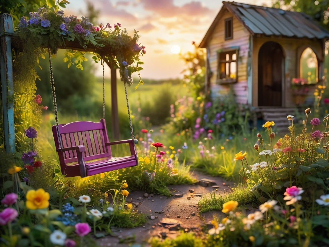 Vibrant Purple Swing Surrounded by Colorful Flowers