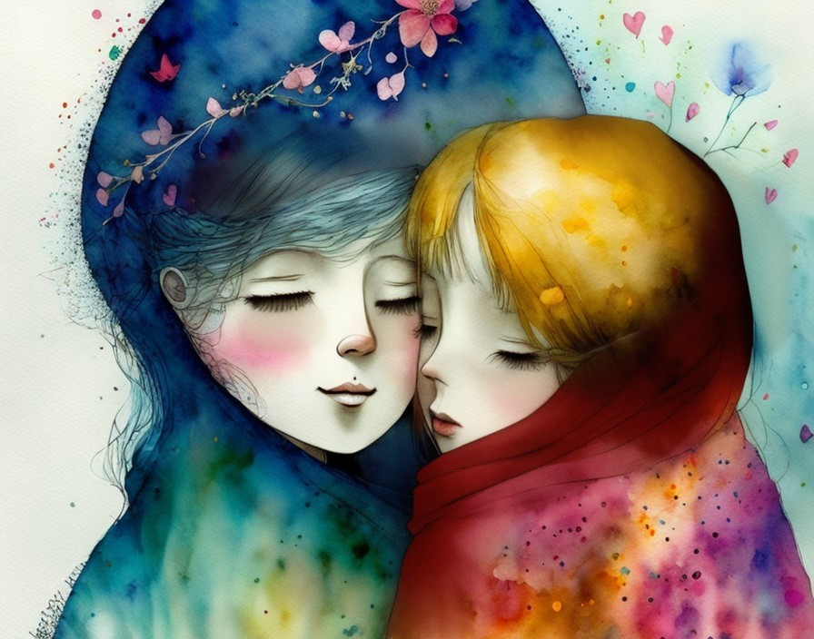 Illustration of Two Girls Embracing with Colorful Background