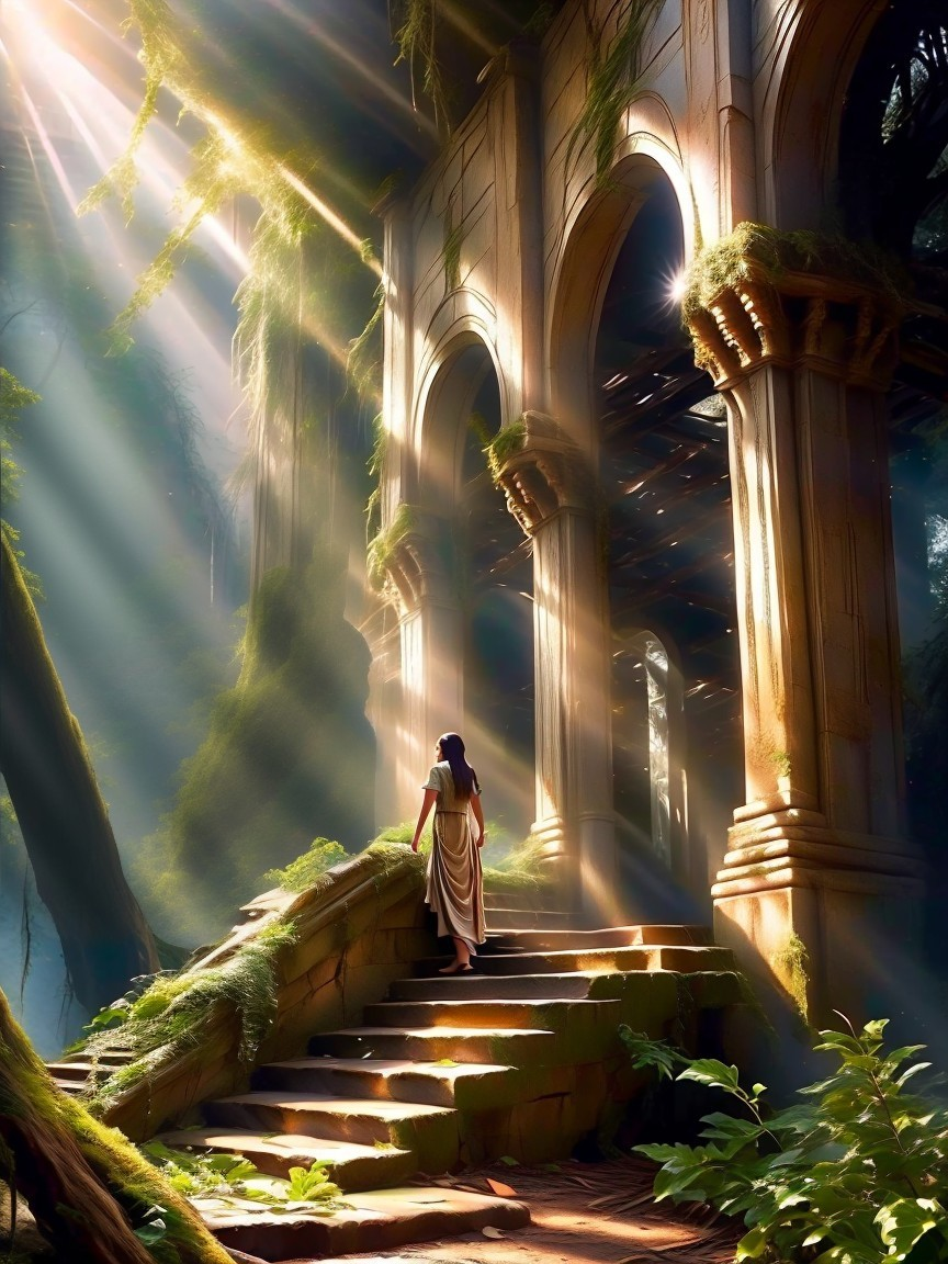 Lone Figure on Ancient Steps Amidst Lush Arches