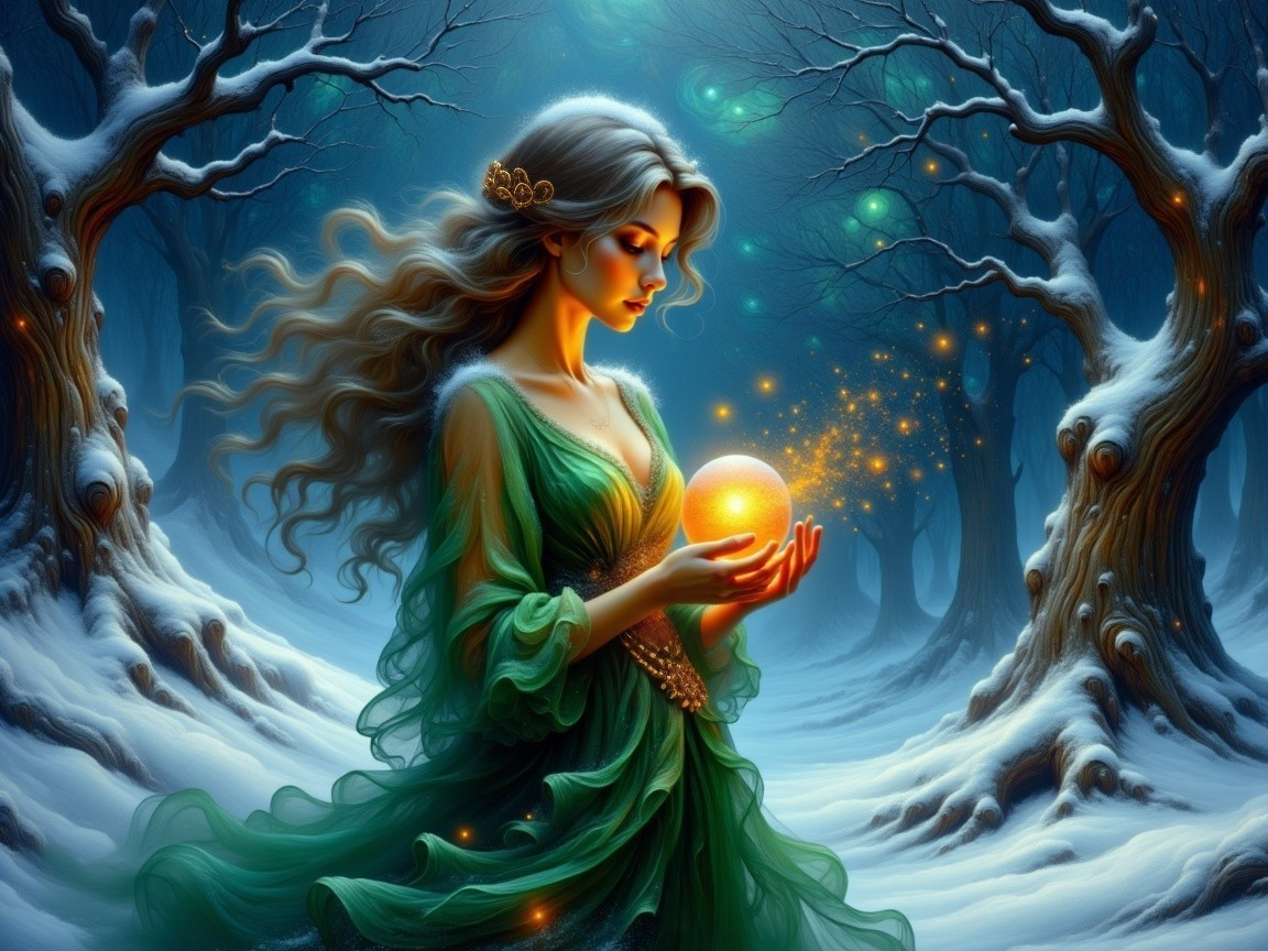 Woman in Green Gown with Glowing Orb in Snowy Forest