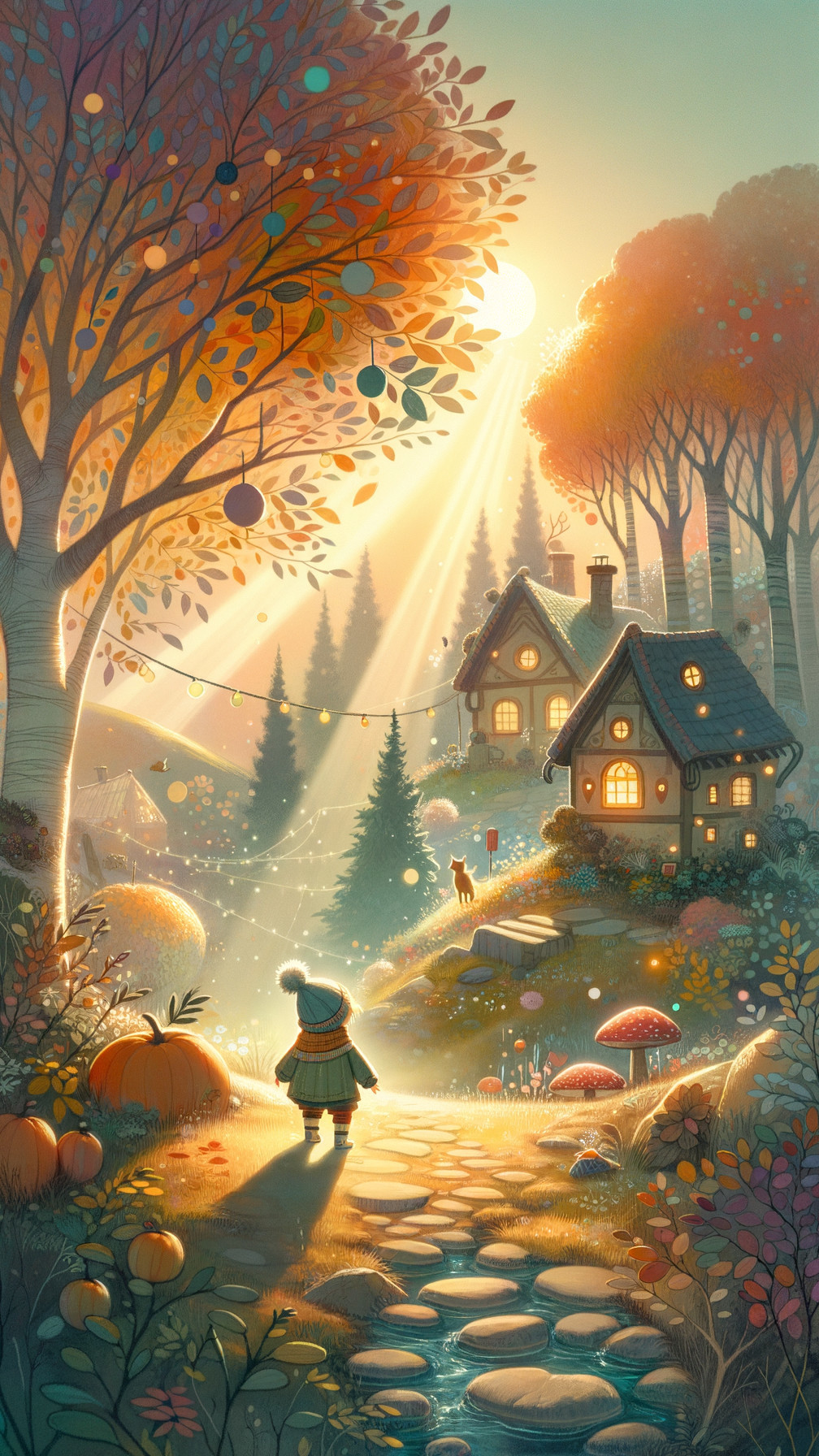 Whimsical Autumn Landscape with Child and Cottages