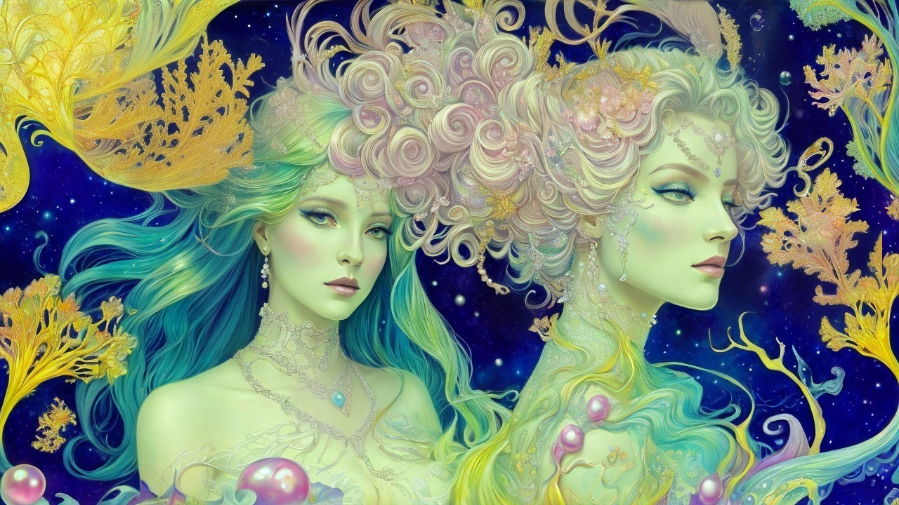 Ethereal Figures in Cosmic Coral Patterns Artwork