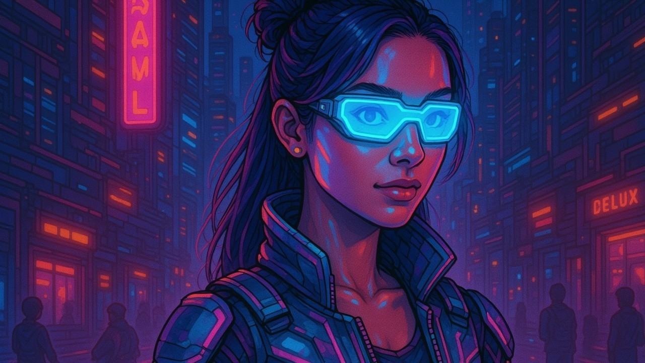 Futuristic urban scene with neon blue glasses and cityscape