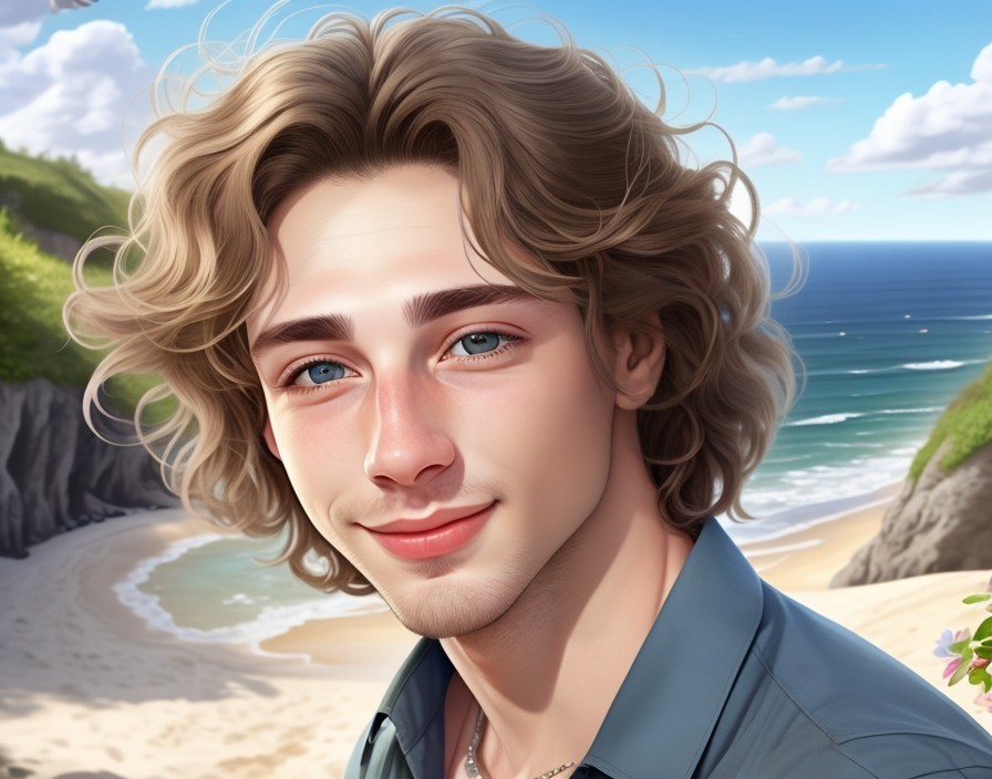 Young man with blue eyes at a beach setting