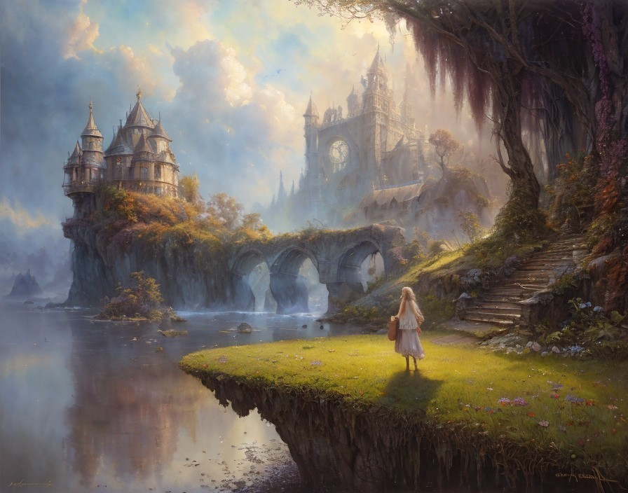 Girl on Grassy Precipice Overlooking Mystical Castle