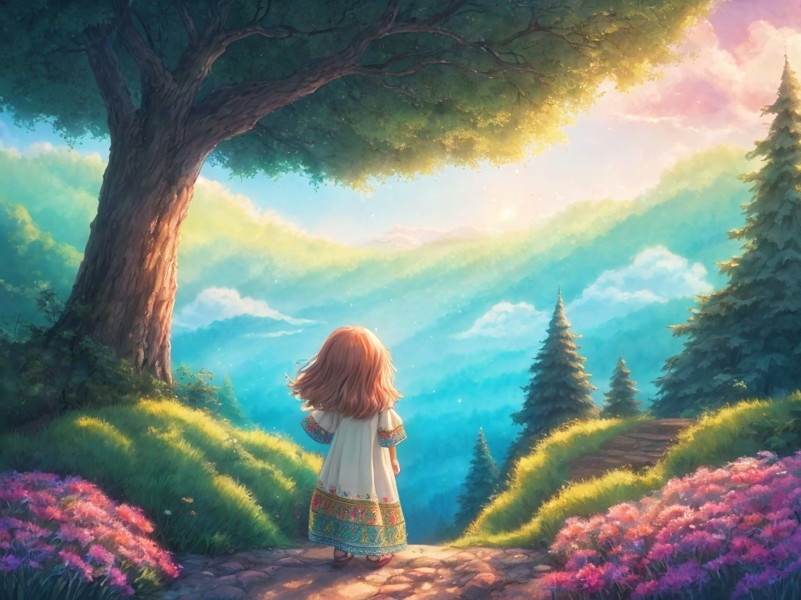 Young girl in traditional dress in vibrant landscape