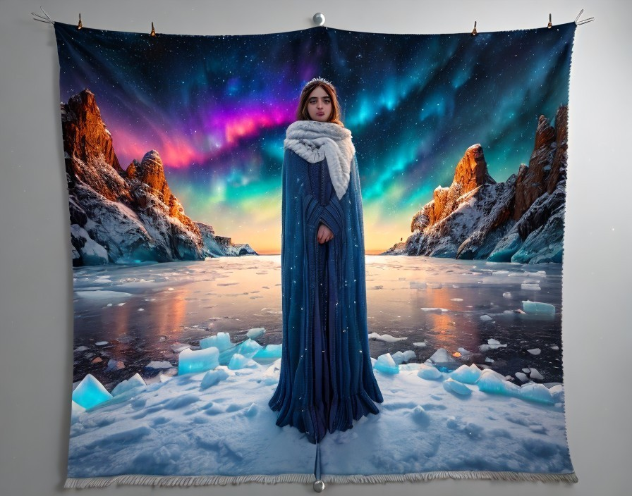Person in Blue Gown Stands Before Icy Landscape Tapestry
