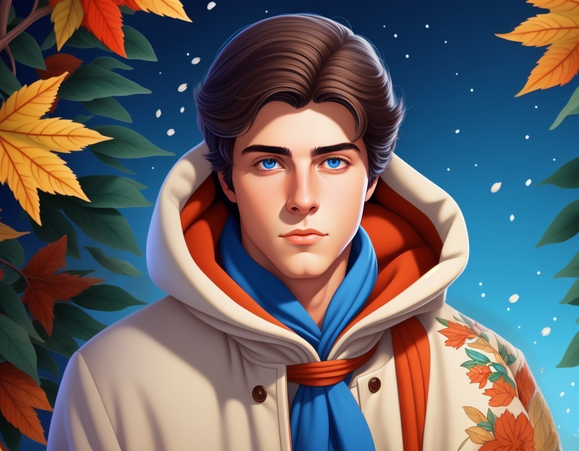 Young man in cream jacket among autumn leaves