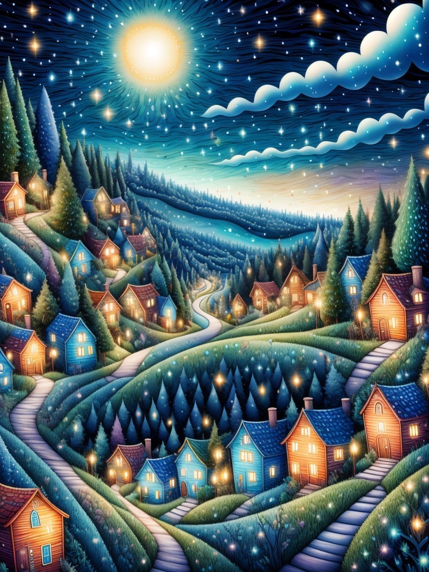 Starry Night Scene of a Charming Hillside Village