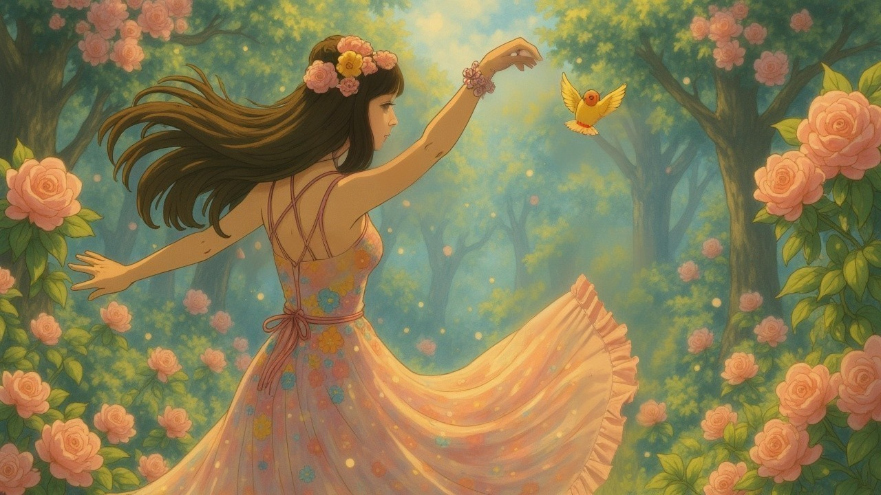 Young girl in pastel dress twirls in sunlit forest