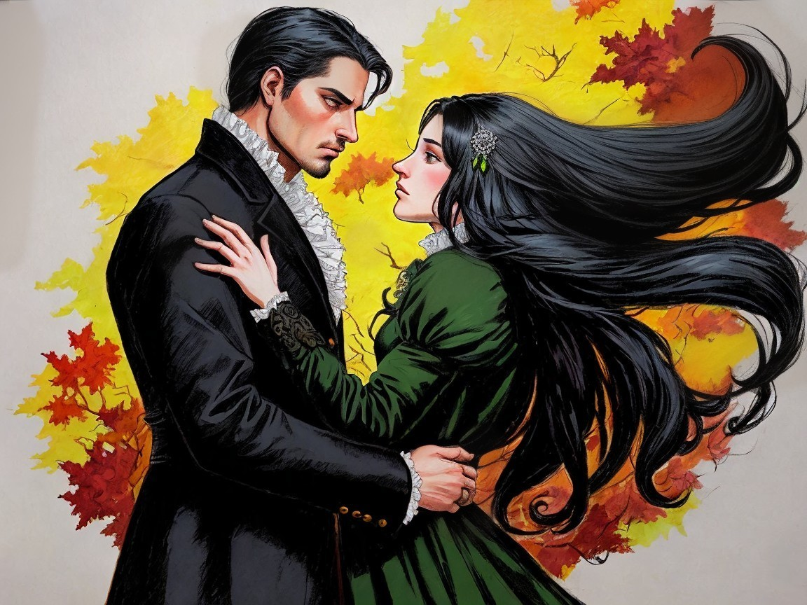 Dramatic Encounter in Autumn Leaves with Elegant Attire