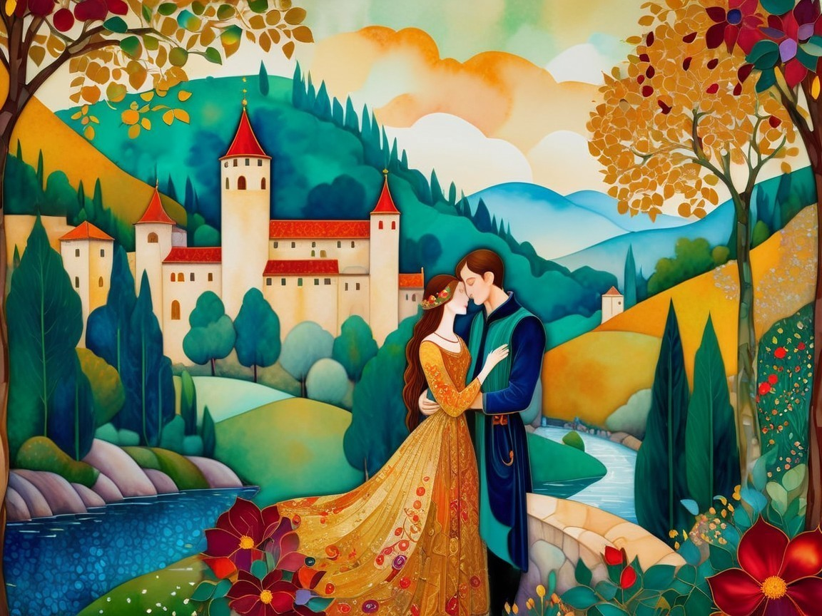 Couple Embraces in Whimsical Castle Landscape