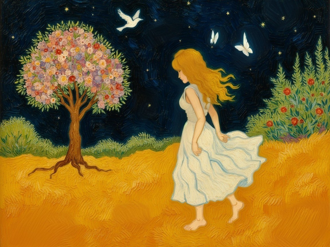 Young woman in white dress walks through golden landscape