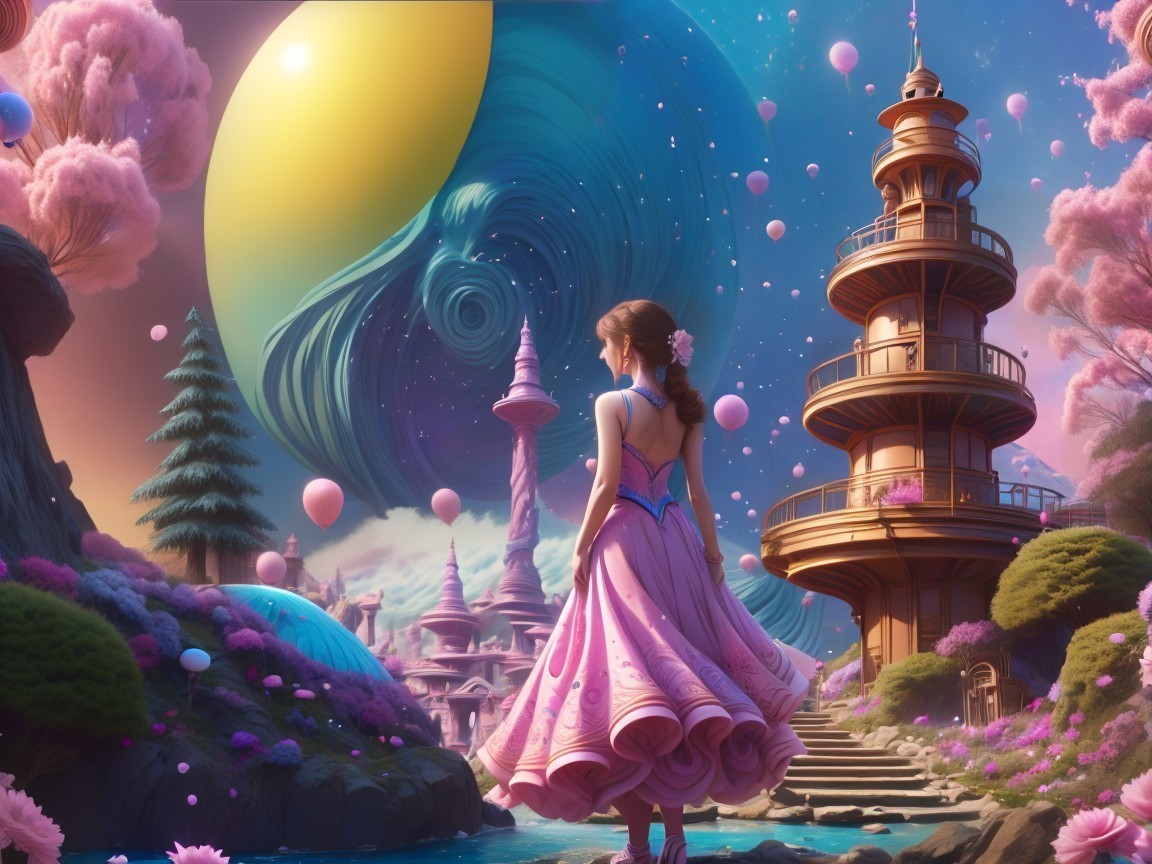 Young Woman in Pink Dress by Whimsical Waterway