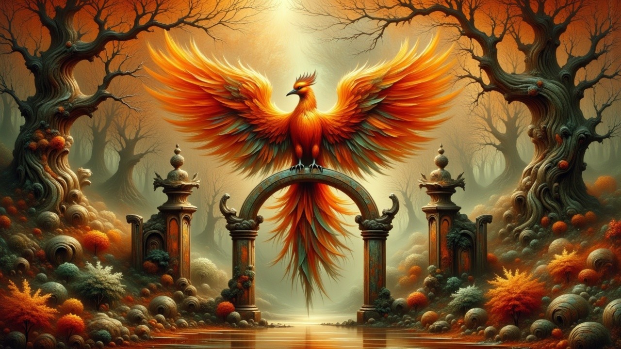 Majestic phoenix on ornate gate in mystical forest