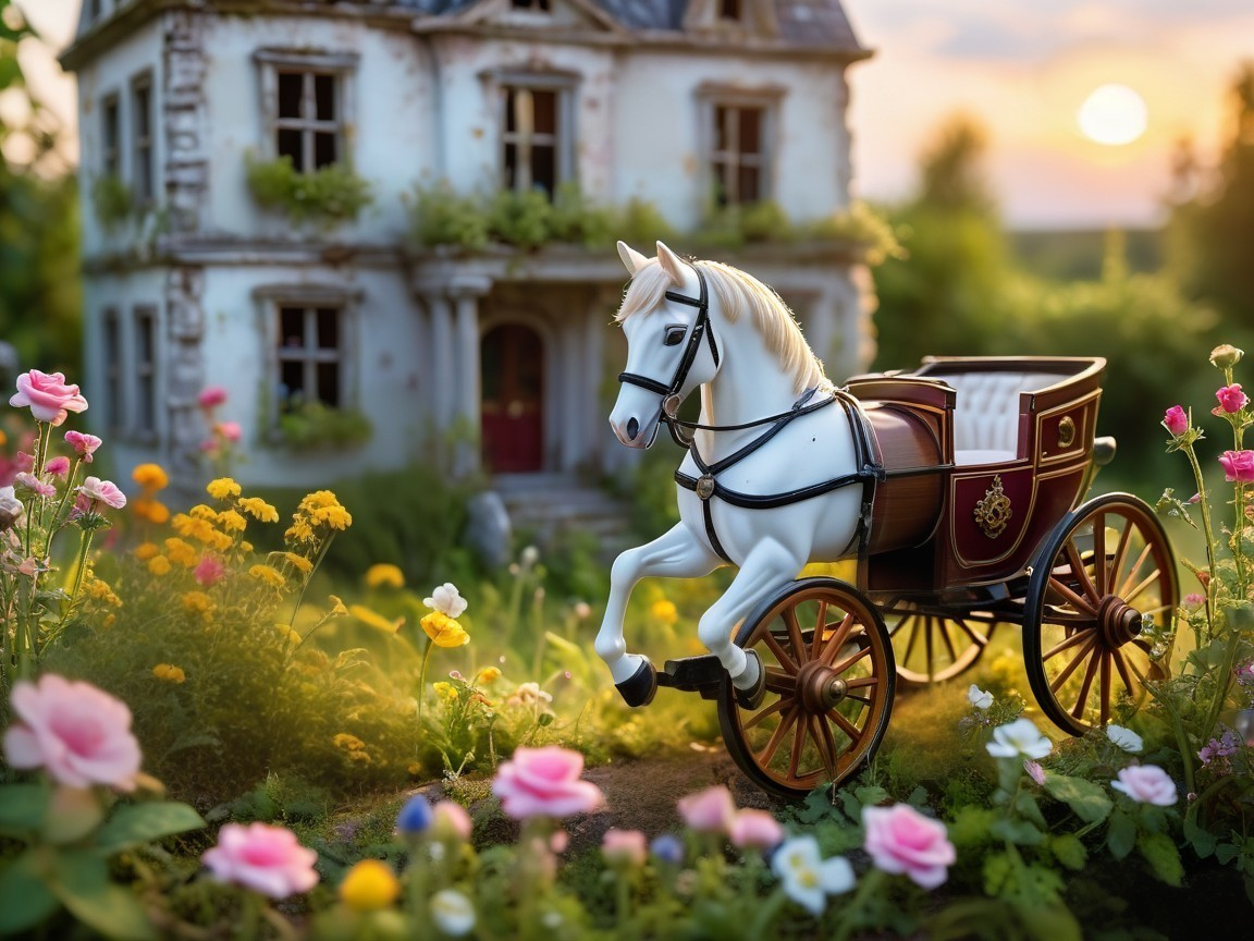 Whimsical Garden with White Horse and Vintage Carriage