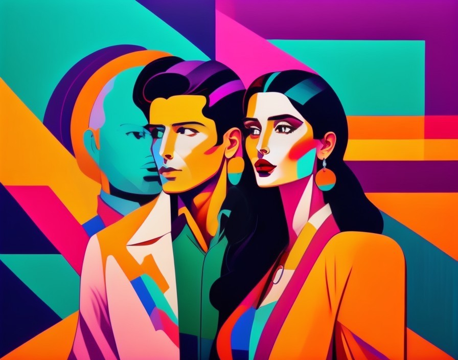 Vibrant Stylized Portrait of Two Figures with Geometry