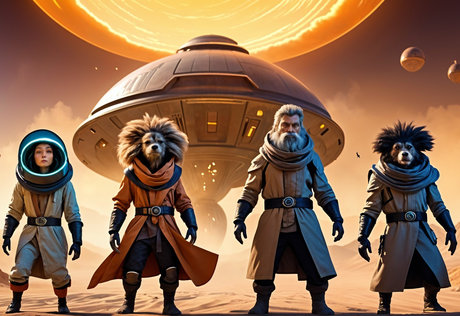 Futuristic Scene with Figures in Desert Landscape