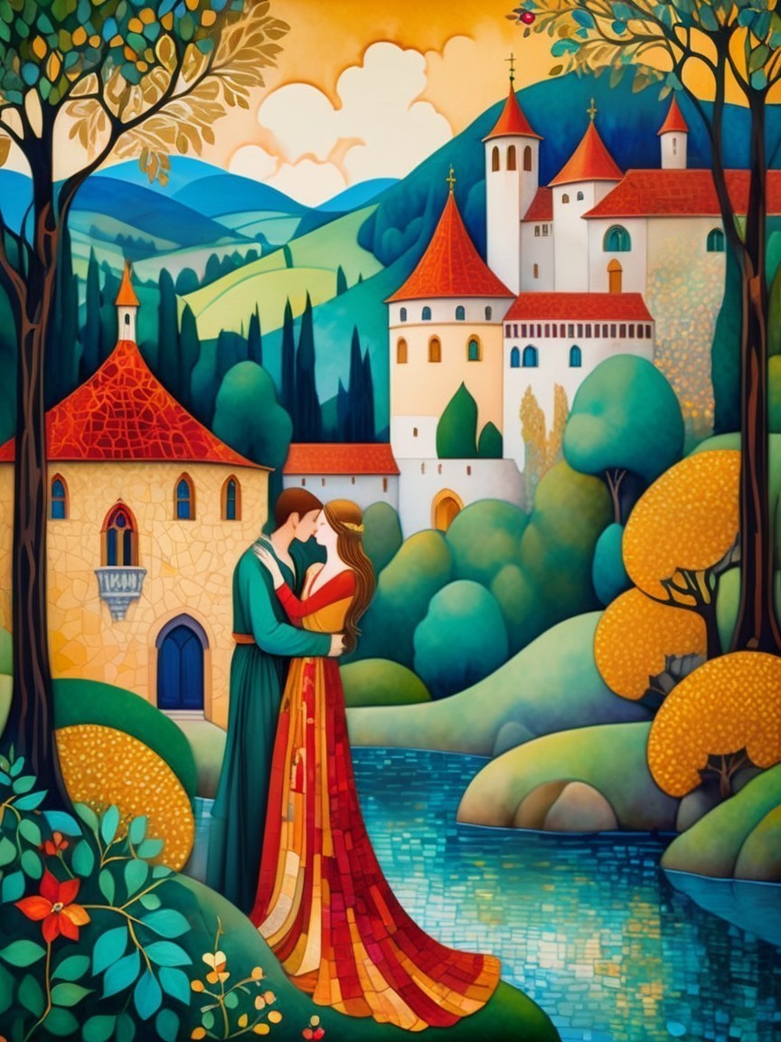 Romantic Couple in Vibrant Fairy Tale Landscape