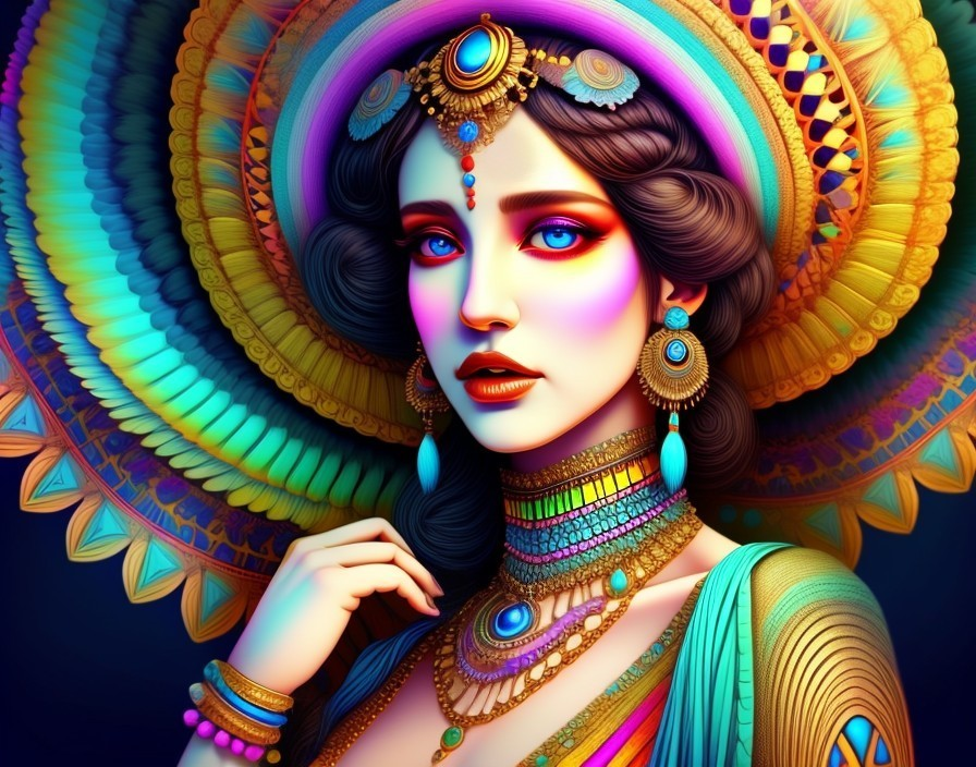 Beautiful woman in vibrant attire and intricate headdress