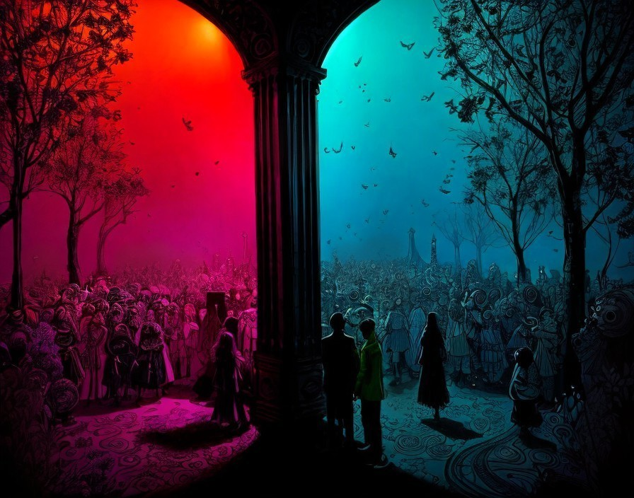 Surreal Scene with Contrasting Red and Blue Atmospheres