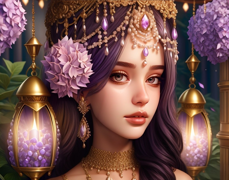 Young woman with purple hair in a mystical setting