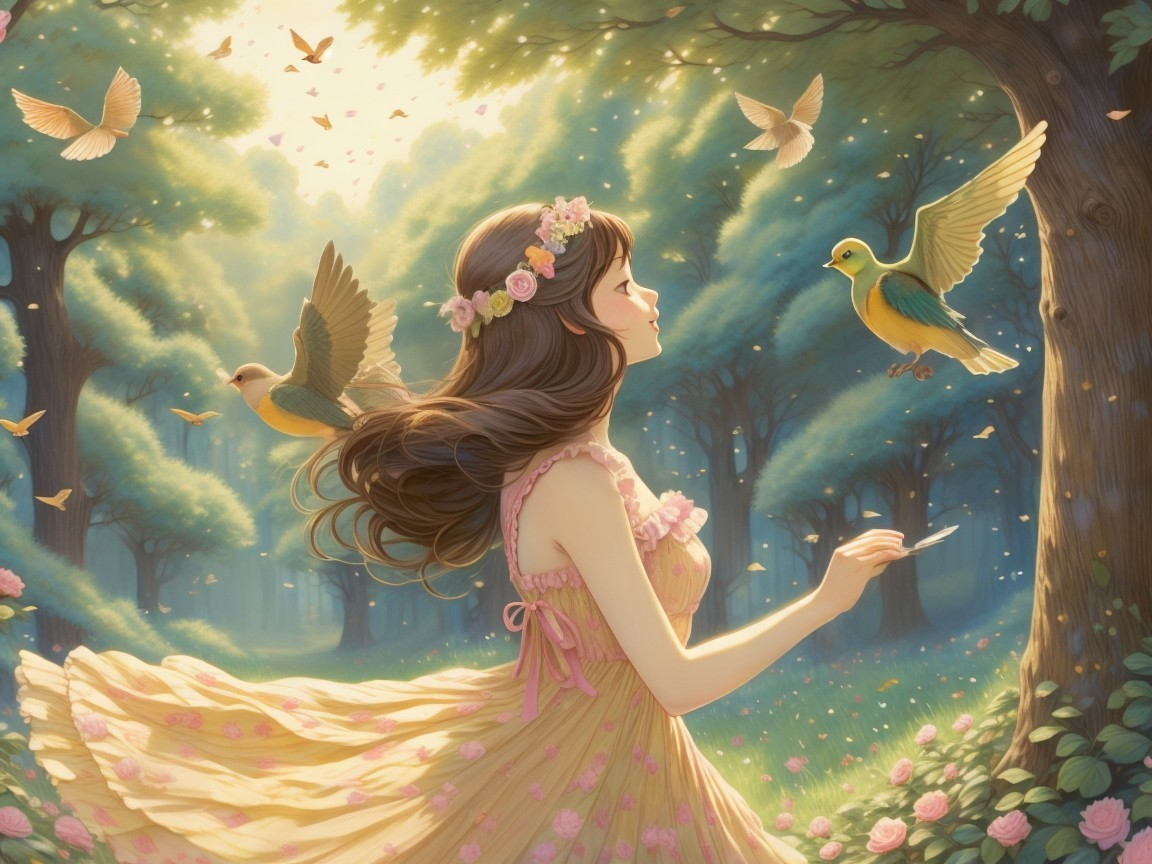 Sunlit Forest Scene with Woman in Floral Crown