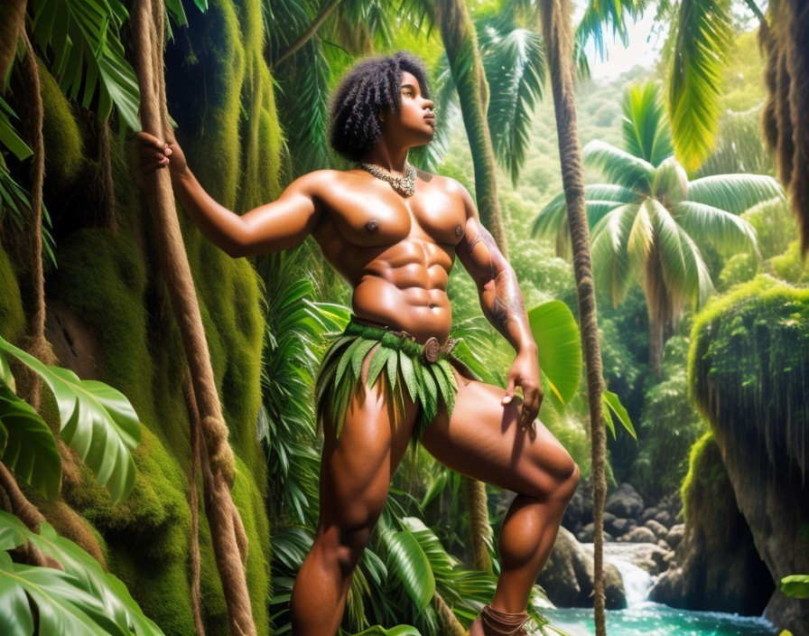 Muscular Figure Posing in Lush Jungle Setting