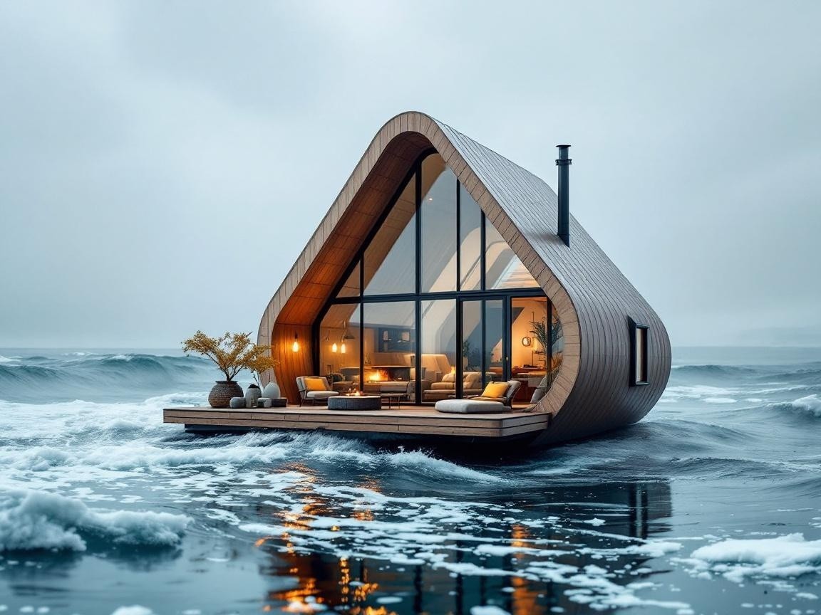 Modern Triangular Wooden House on Tranquil Waters
