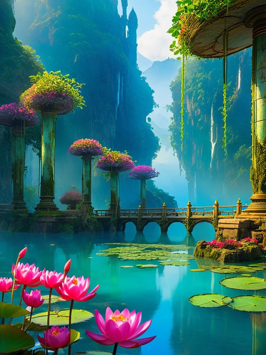 Serene Fantastical Landscape with Cliffs and Water