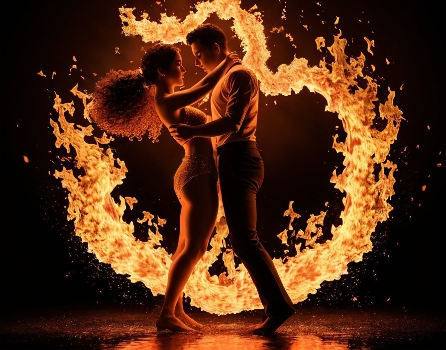 Intimate couple dances in fiery heart-shaped flame under dramatic light