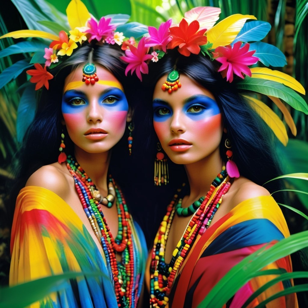 Vibrant Makeup and Floral Headdresses in Tropical Setting