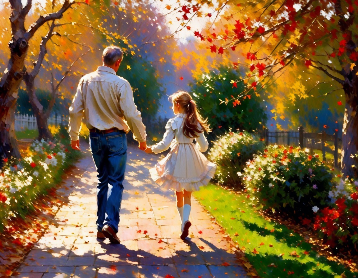 Autumn Scene of Man and Girl on Leafy Path