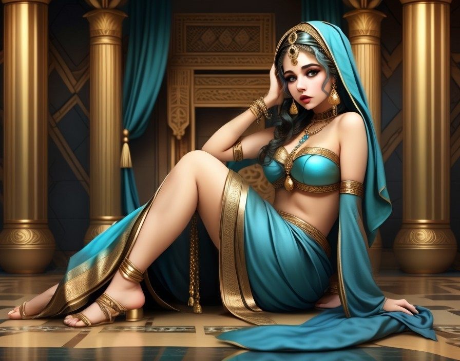 Turquoise Ensemble Woman in Ornate Architectural Setting