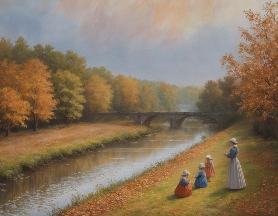 Serene Autumn Landscape with River and Children