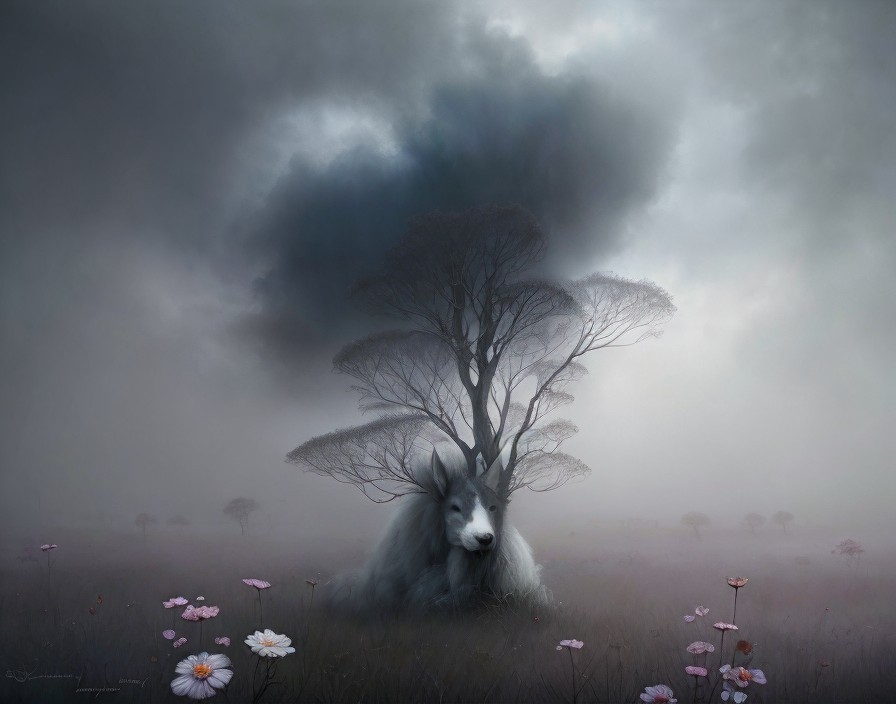 White wolf with tree on head in misty field under stormy sky