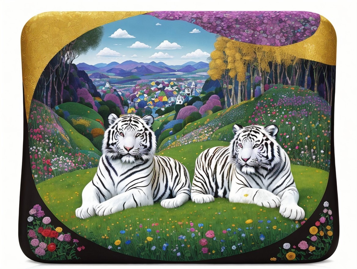 White tigers in a flower-filled meadow landscape
