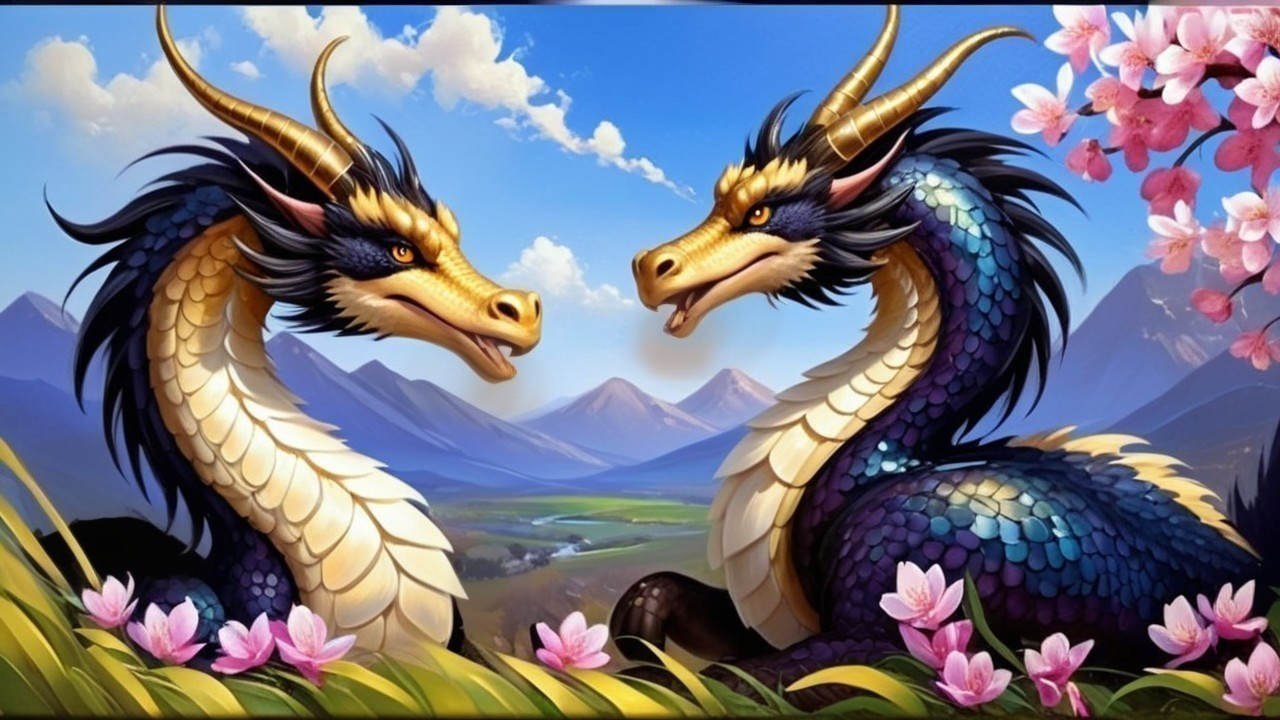 Dragons in Vibrant Landscape with Cherry Blossoms