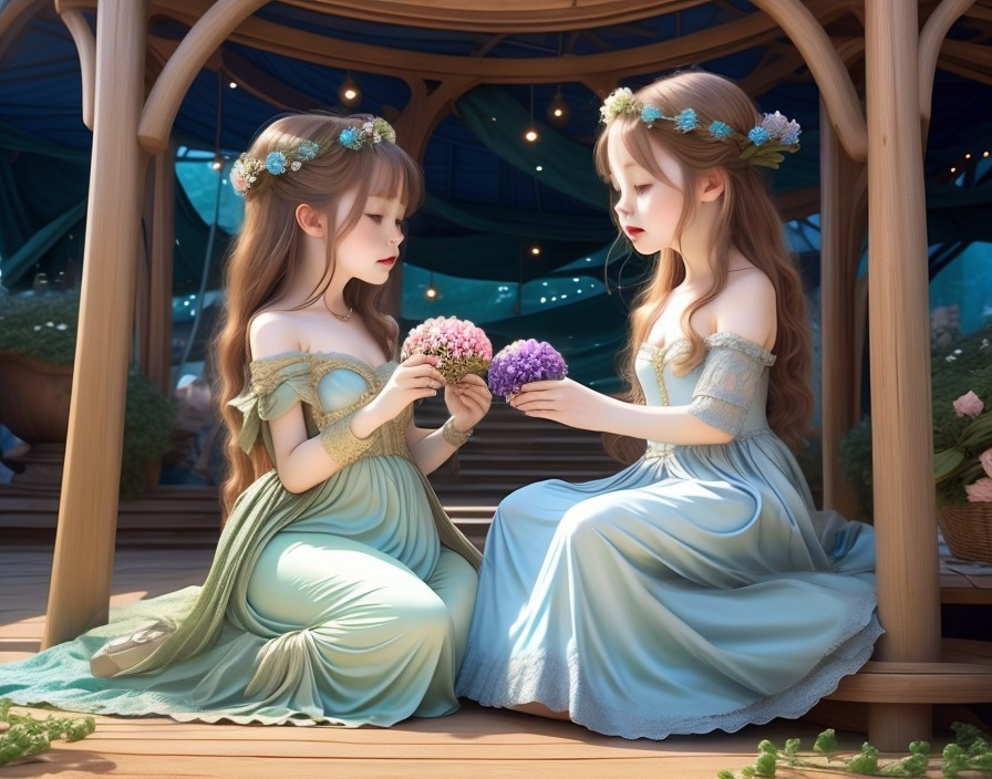 Young girls in pastel gowns in a wooden pavilion