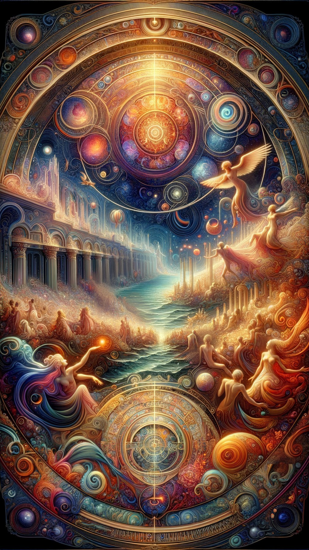 Intricate Cosmic Scene with Celestial Bodies and Colors