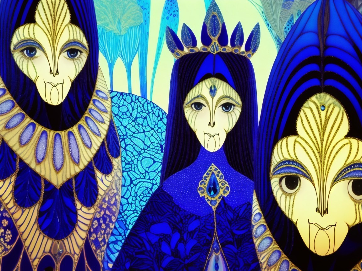 Mystical Figures in Blue and Gold with Abstract Flora