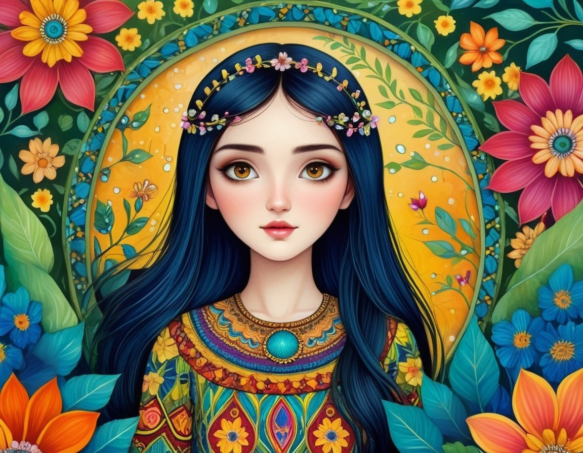 Portrait of a Young Woman with Floral Crown and Dress