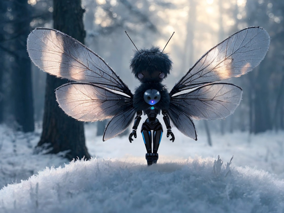 Whimsical Robot Creature in a Snowy Forest Scene
