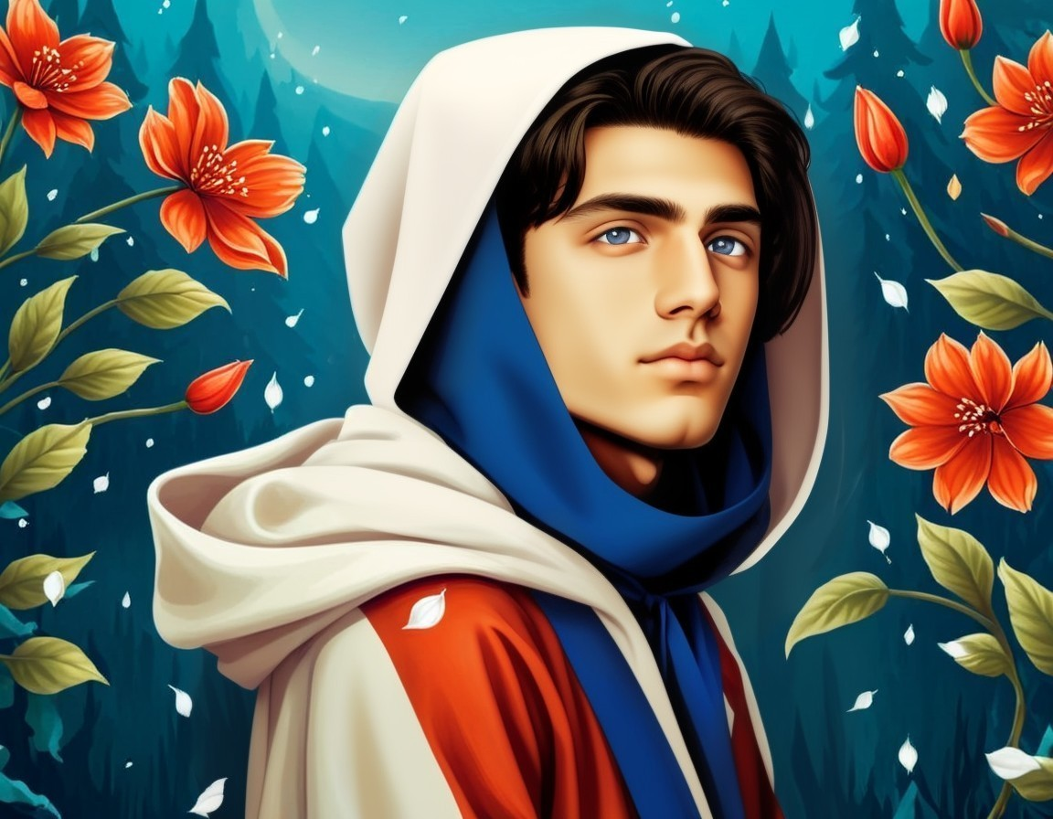 Young man in hooded cloak with blue eyes in forest