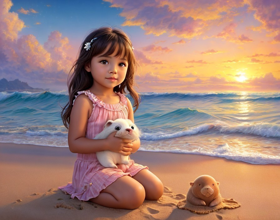Young girl with hair clip holding plush seal toy on sandy beach at sunset